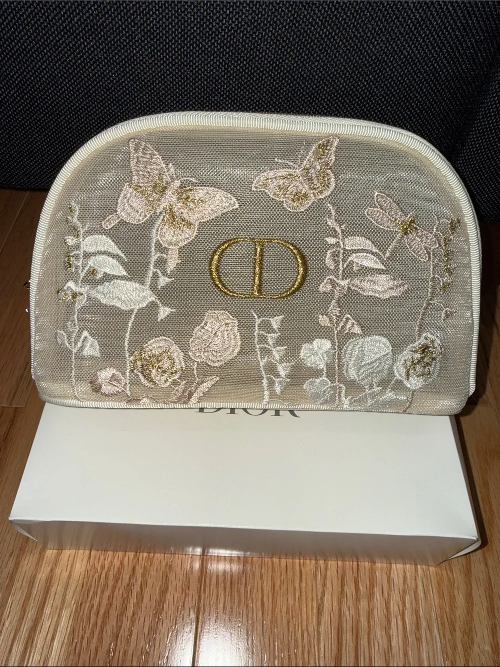 Dior limited edition mesh embroidered floral top zip makeup bag case NIB